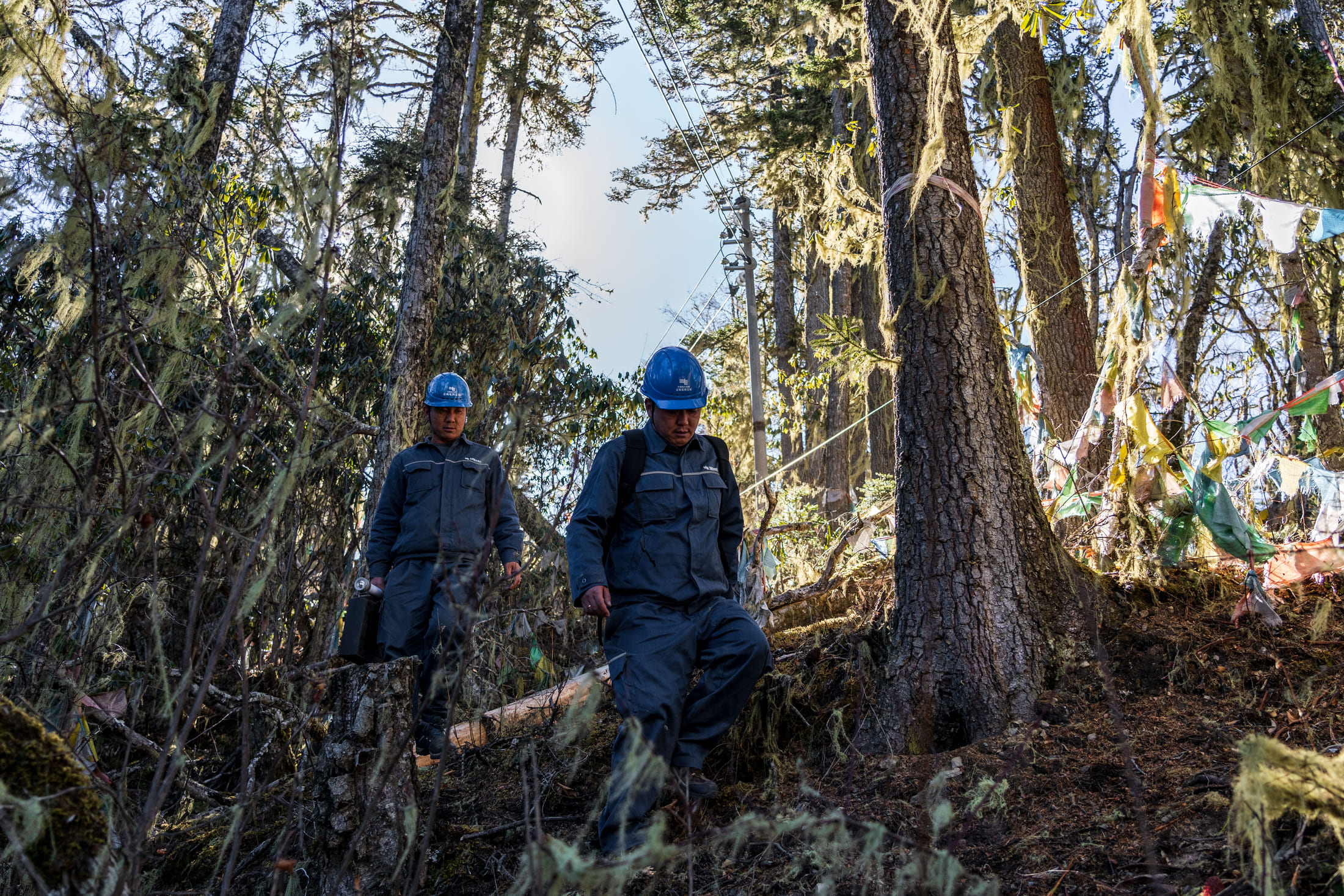 Wangden and his colleague inspect power transmission lines on a mountain in Deqen County, Yunnan Province